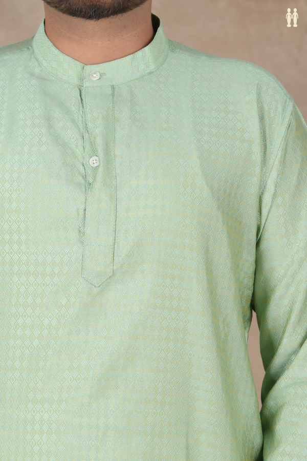 Chinese Collar Threadwork Design Green Banarasi Short Kurta