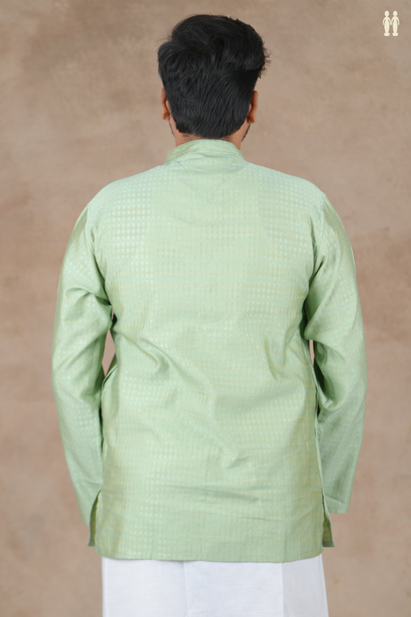 Chinese Collar Threadwork Design Green Banarasi Short Kurta