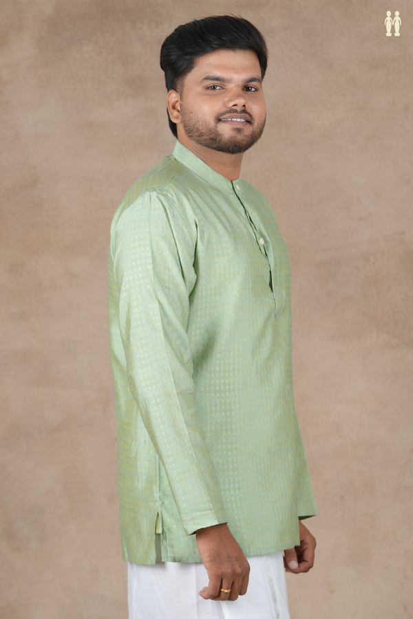 Chinese Collar Threadwork Design Green Banarasi Short Kurta