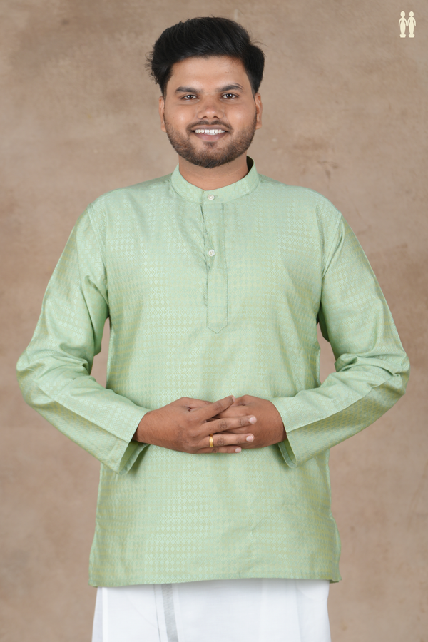 Chinese Collar Threadwork Design Green Banarasi Short Kurta