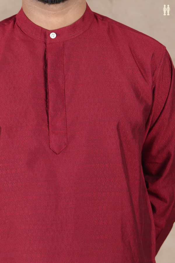 Chinese Collar Threadwork Design Red Banarasi Short Kurta