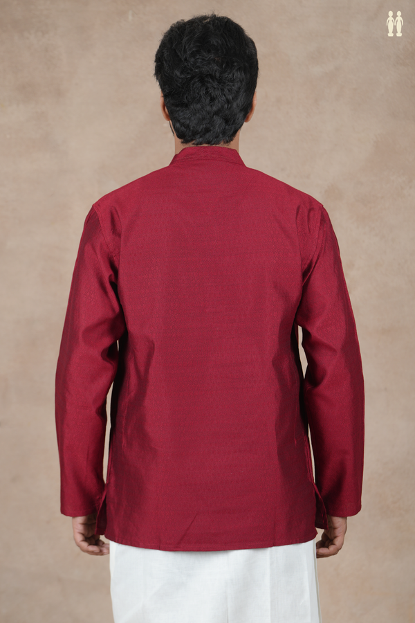 Chinese Collar Threadwork Design Red Banarasi Short Kurta
