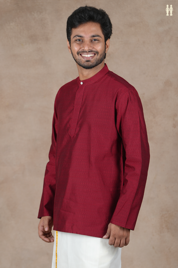 Chinese Collar Threadwork Design Red Banarasi Short Kurta