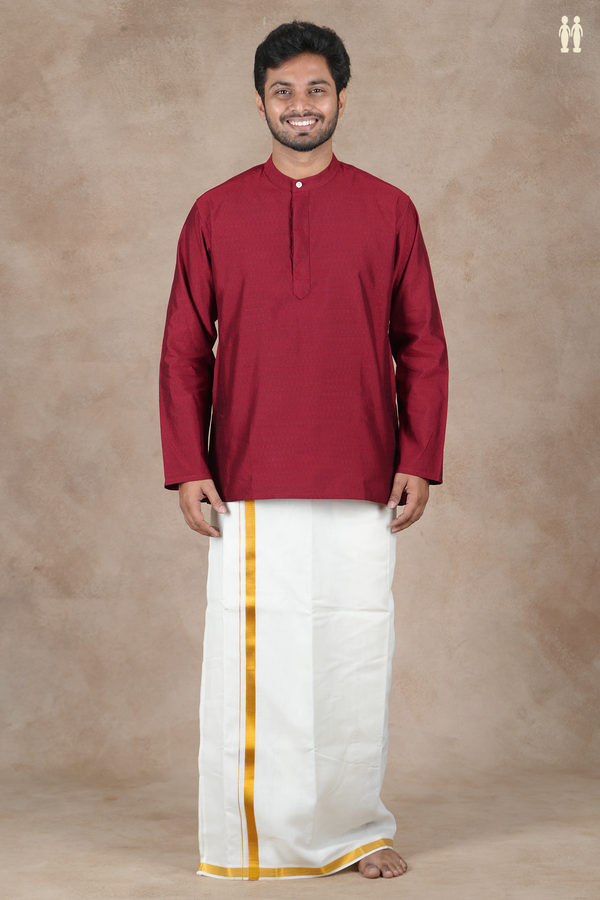 Chinese Collar Threadwork Design Red Banarasi Short Kurta
