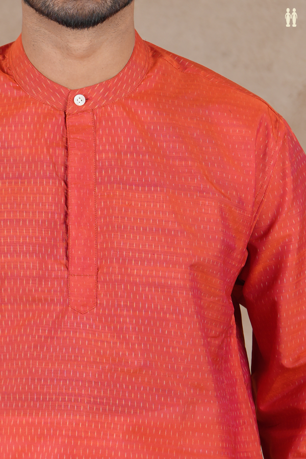 Chinese Collar Allover Design Pink Pochampally Short Kurta