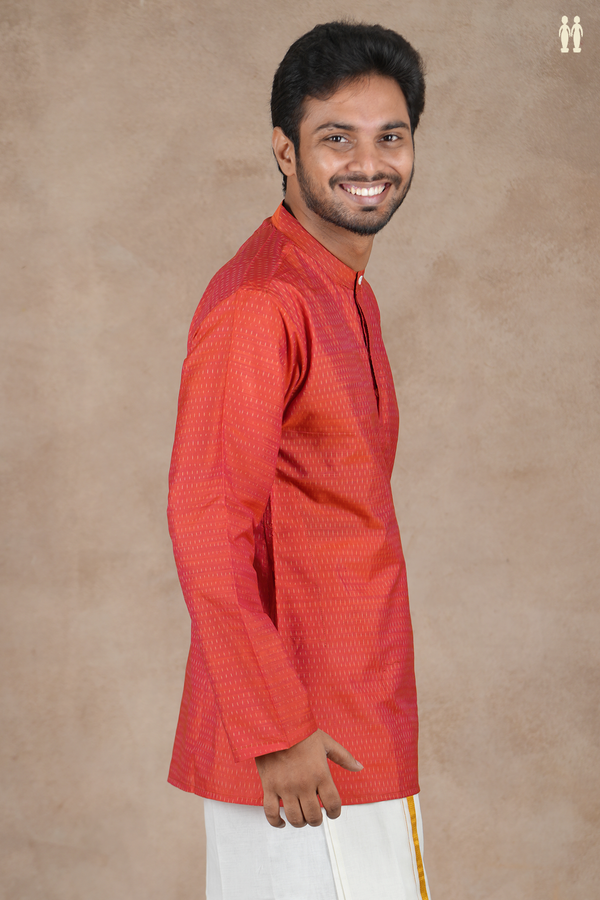 Chinese Collar Allover Design Pink Pochampally Short Kurta