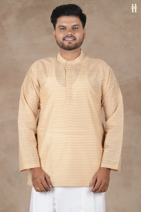 Chinese Collar Printed Design Tan Pochampally Silk Short Kurta