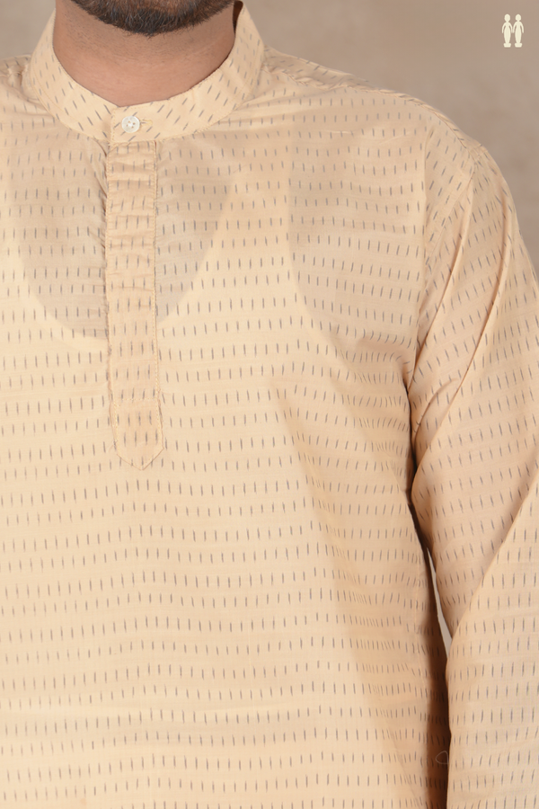 Chinese Collar Printed Design Tan Pochampally Silk Short Kurta