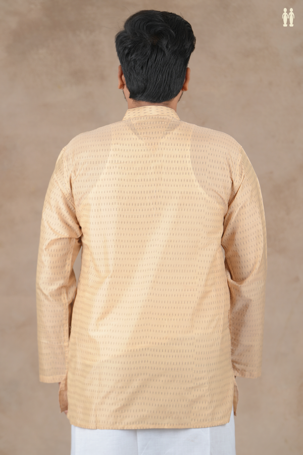 Chinese Collar Printed Design Tan Pochampally Silk Short Kurta