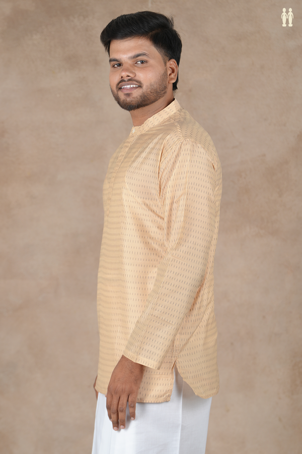 Chinese Collar Printed Design Tan Pochampally Silk Short Kurta