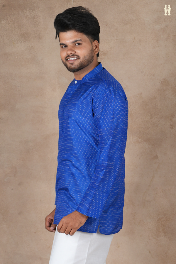 Chinese Collar Stripes Design Blue Pochampally Short Kurta