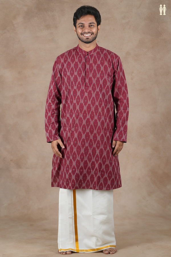 Chinese Collar Ogee Design Burgundy Red Cotton Longe Kurta