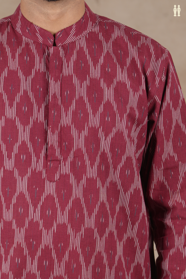 Chinese Collar Ogee Design Burgundy Red Cotton Longe Kurta