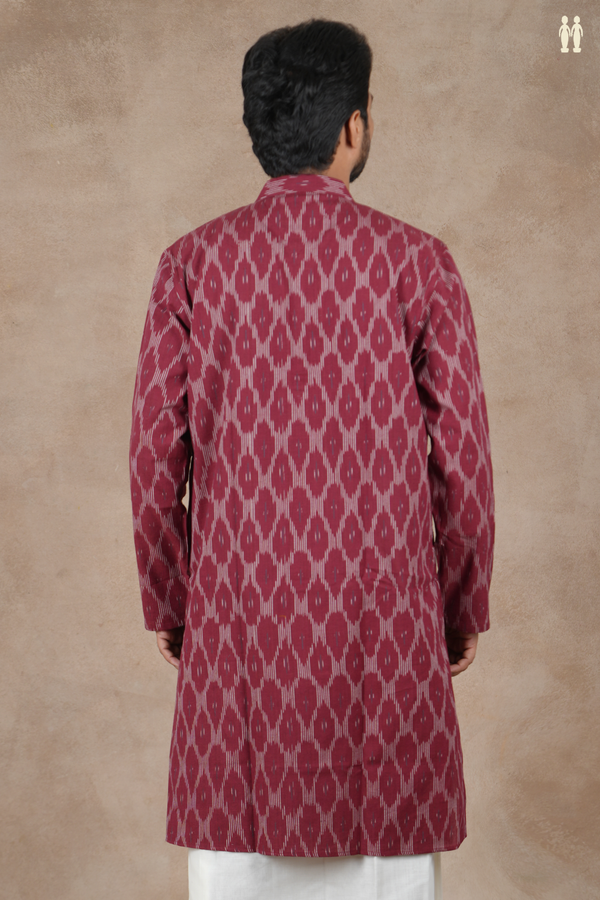 Chinese Collar Ogee Design Burgundy Red Cotton Longe Kurta