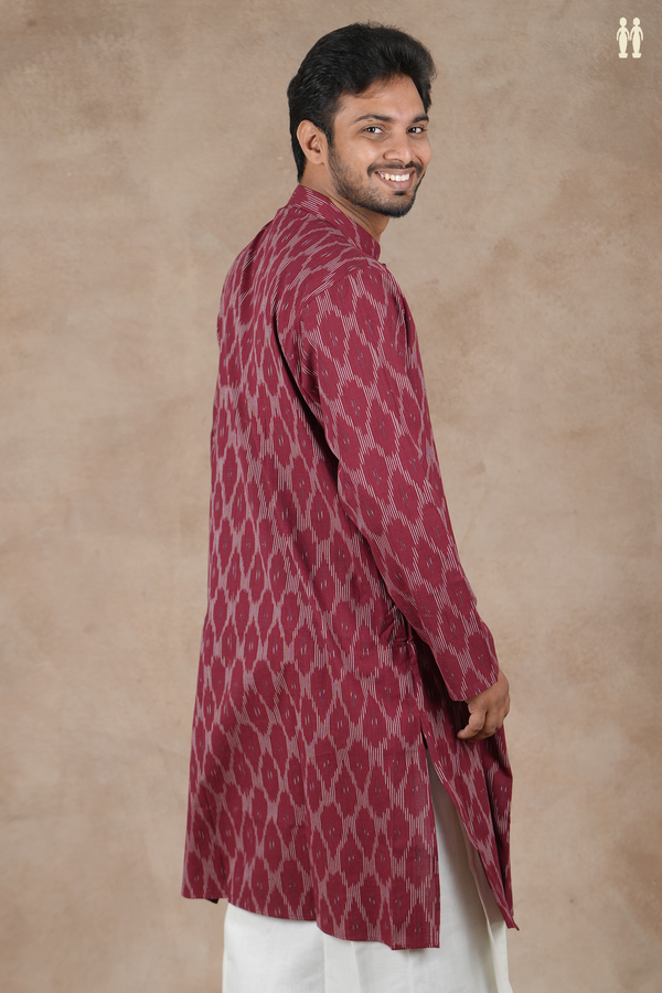 Chinese Collar Ogee Design Burgundy Red Cotton Longe Kurta