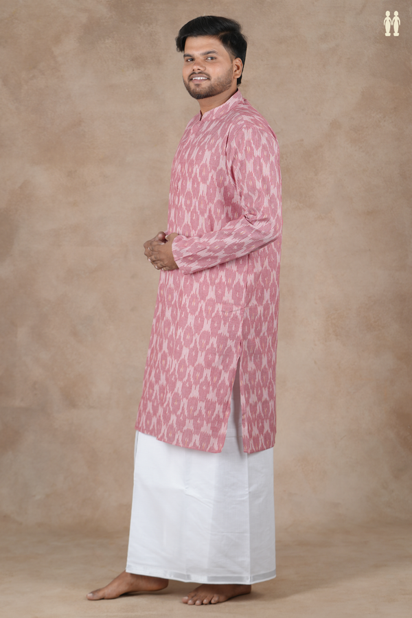 Chinese Collar Ikat Design Dusty Rose Cotton Long Kurta