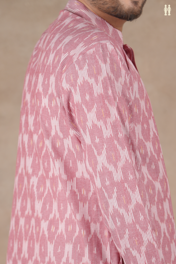 Chinese Collar Ikat Design Dusty Rose Cotton Long Kurta