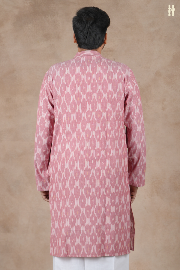 Chinese Collar Ikat Design Dusty Rose Cotton Long Kurta