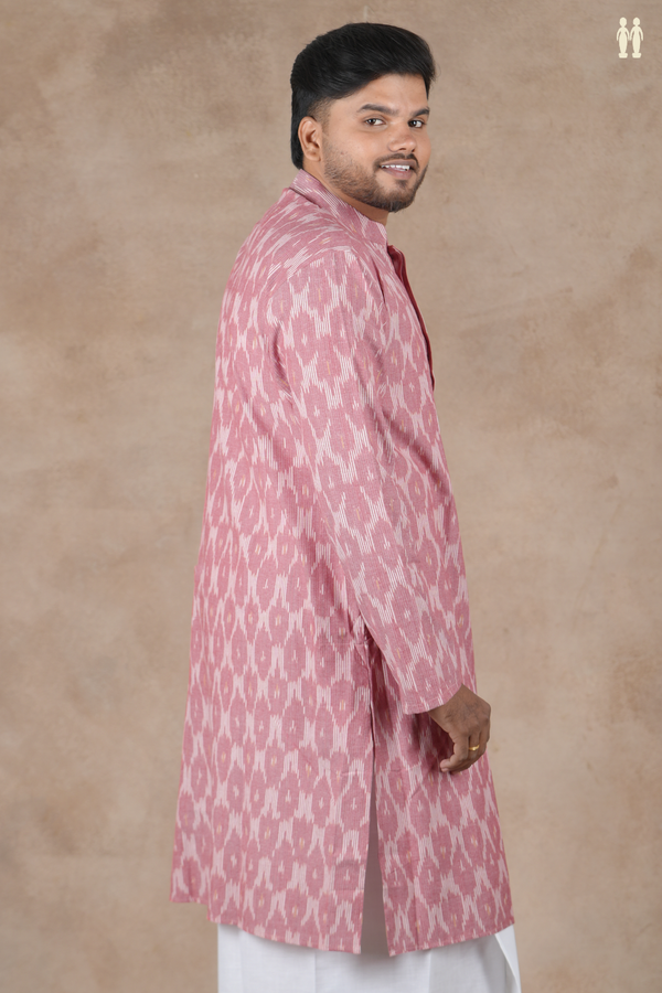 Chinese Collar Ikat Design Dusty Rose Cotton Long Kurta
