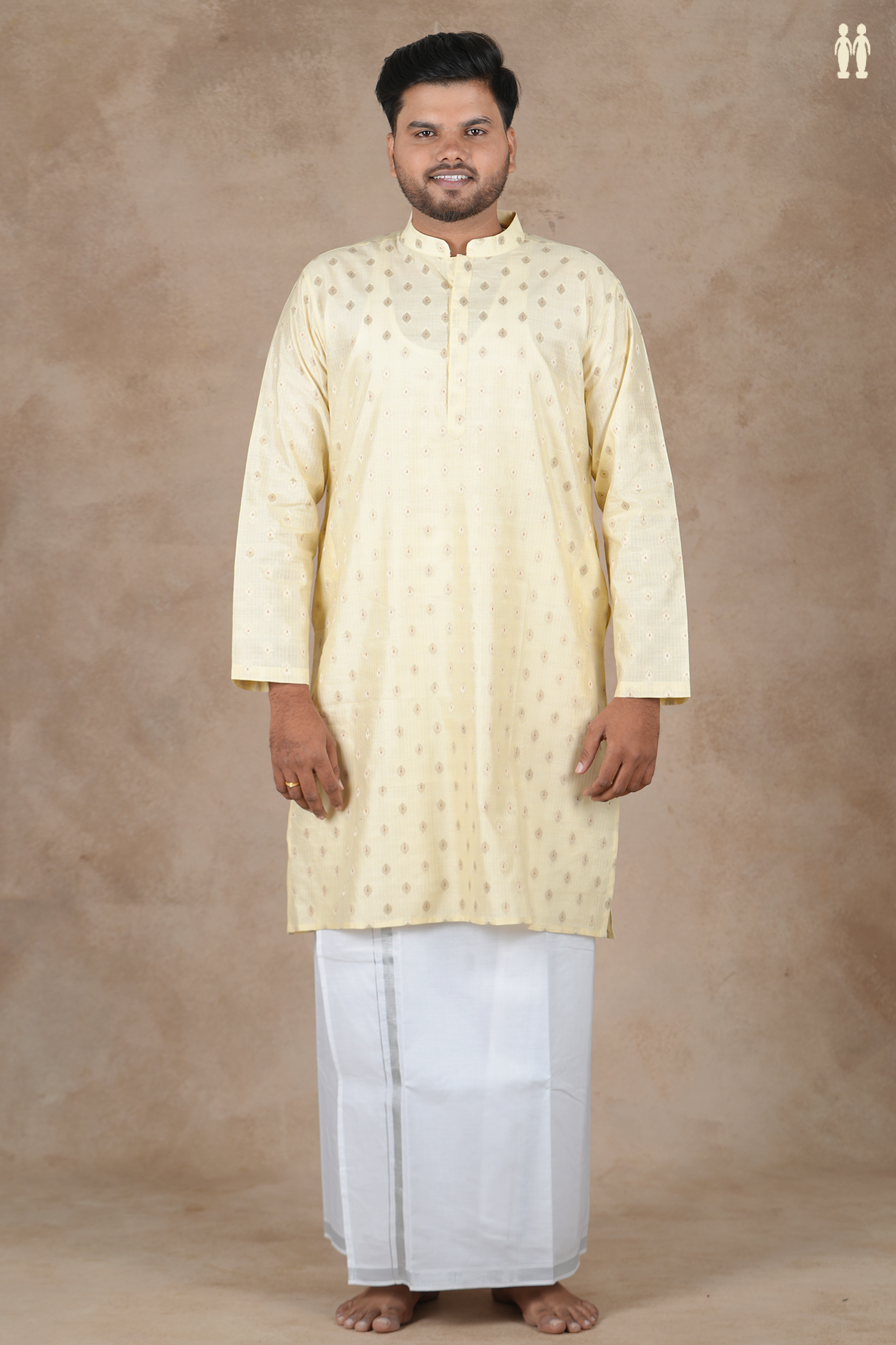 Chinese Collar Zari Buttas Cream Color Cotton Long Kurta