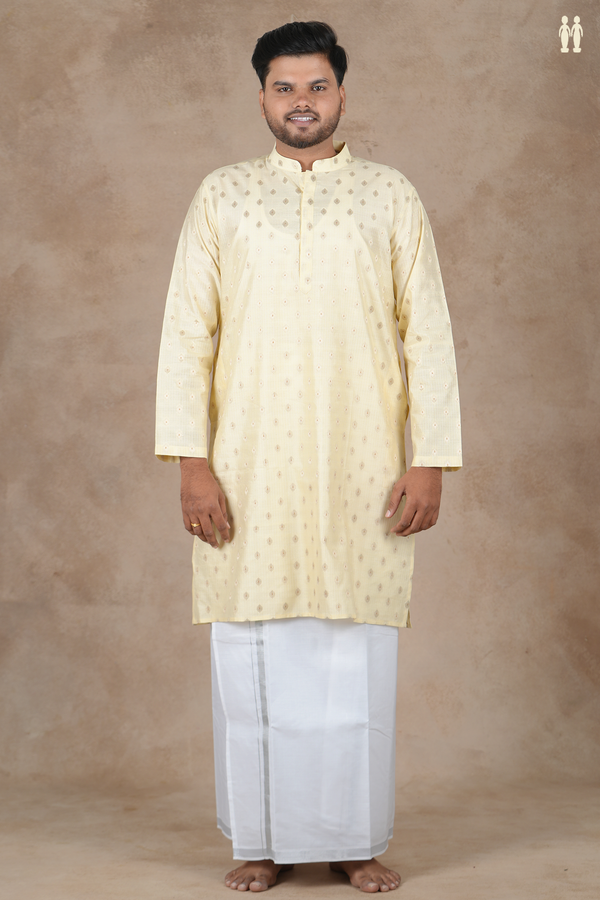 Chinese Collar Zari Buttas Cream Color Cotton Long Kurta