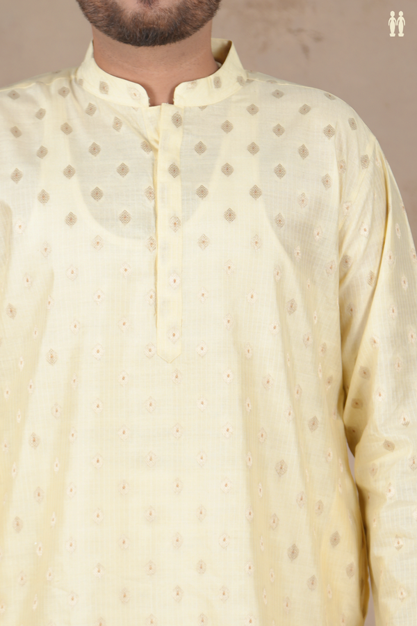 Chinese Collar Zari Buttas Cream Color Cotton Long Kurta
