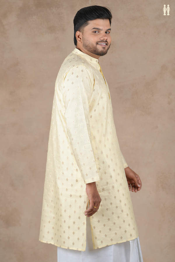 Chinese Collar Zari Buttas Cream Color Cotton Long Kurta