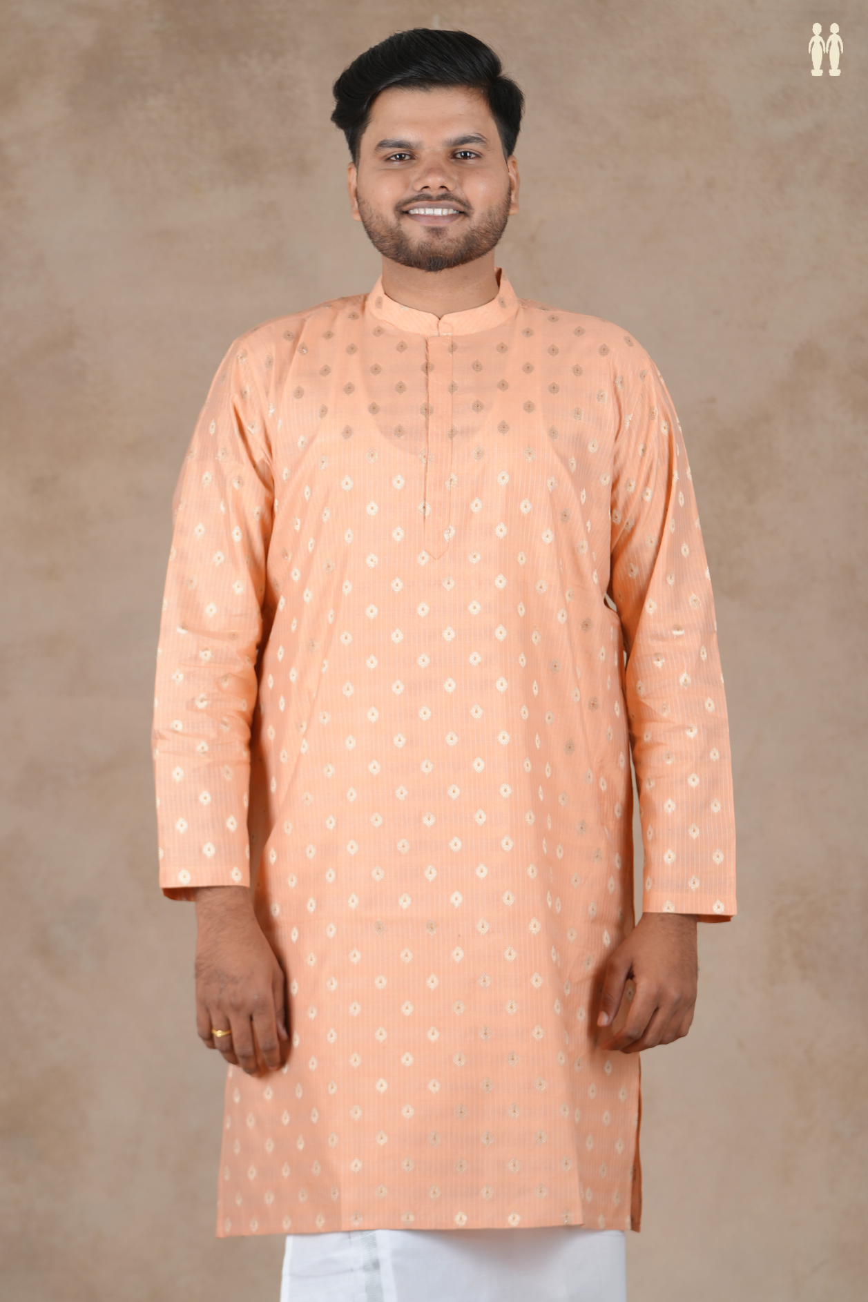 Chinese Collar Zari Buttas Peach Pink Cotton Long Kurta