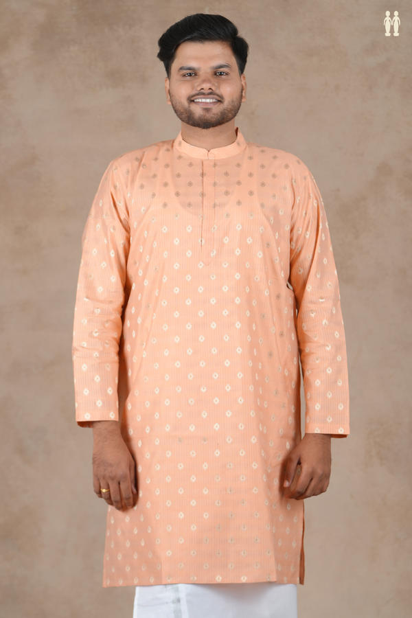Chinese Collar Zari Buttas Peach Pink Cotton Long Kurta