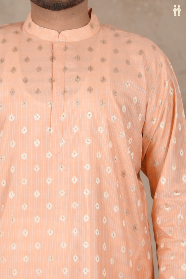 Chinese Collar Zari Buttas Peach Pink Cotton Long Kurta