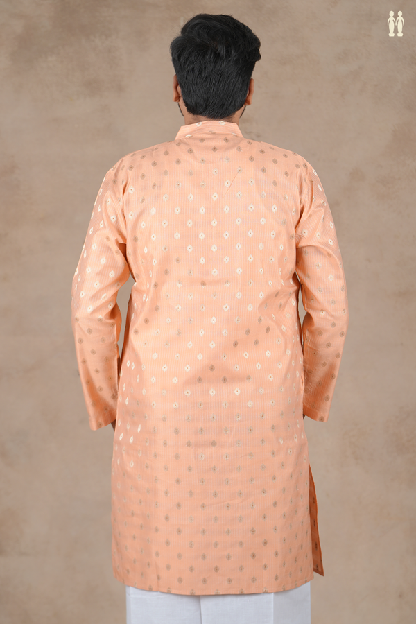 Chinese Collar Zari Buttas Peach Pink Cotton Long Kurta