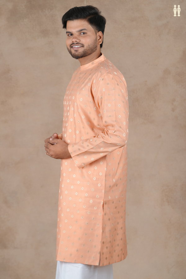 Chinese Collar Zari Buttas Peach Pink Cotton Long Kurta