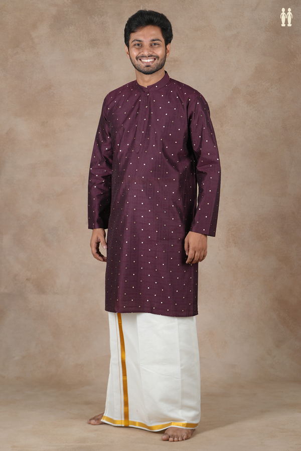 Chinese Collar Zari Buttis Chocolate Brown Raw Silk Long Kurta