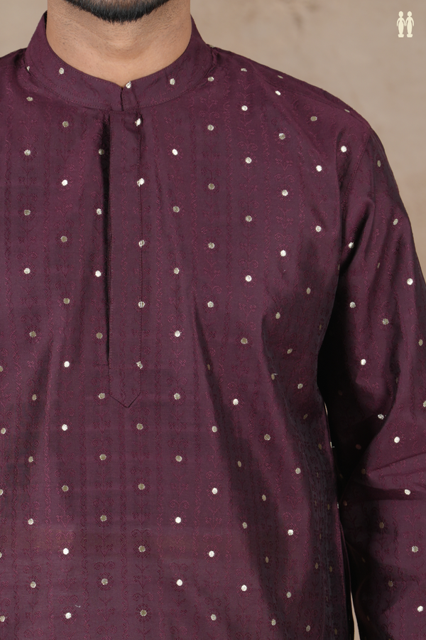 Chinese Collar Zari Buttis Chocolate Brown Raw Silk Long Kurta
