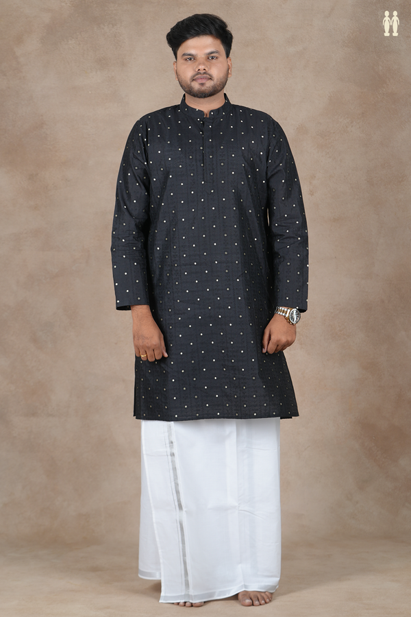 Chinese Collar Zari Buttis Black Raw Silk Long Kurta