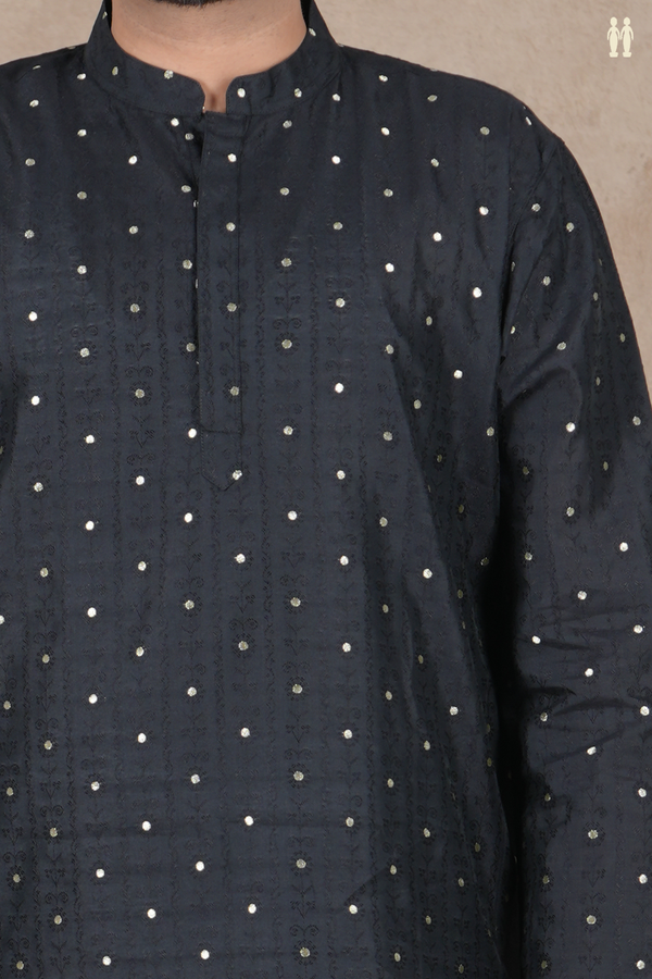 Chinese Collar Zari Buttis Black Raw Silk Long Kurta
