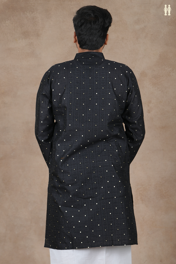 Chinese Collar Zari Buttis Black Raw Silk Long Kurta