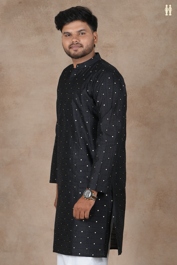 Chinese Collar Zari Buttis Black Raw Silk Long Kurta