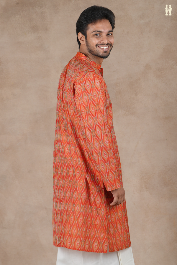 Chinese Collar Diamond Design Orange Pochampally Long Kurta