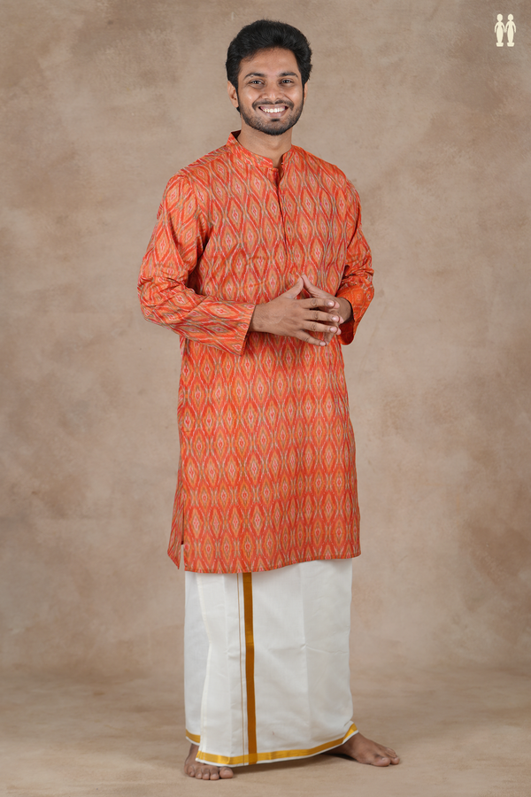 Chinese Collar Diamond Design Orange Pochampally Long Kurta