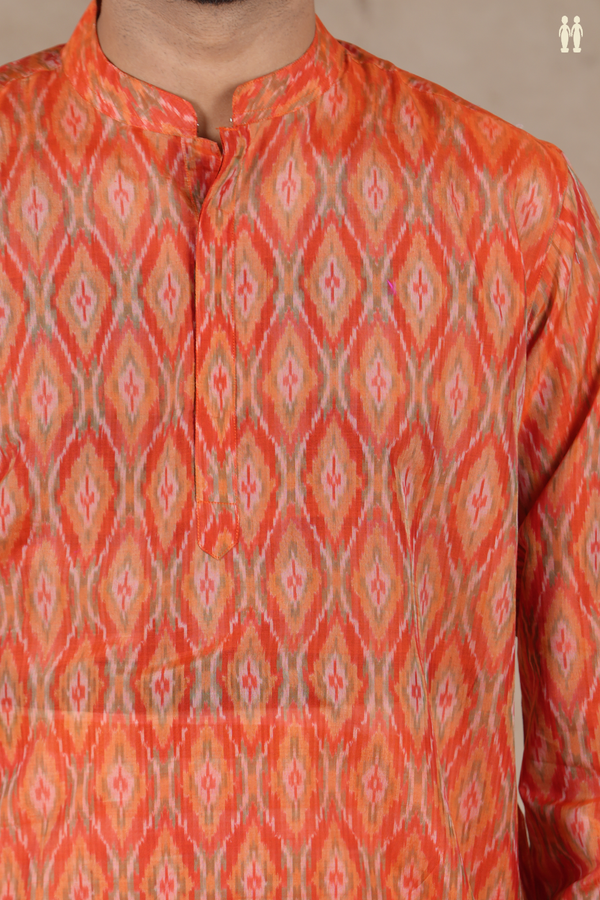 Chinese Collar Diamond Design Orange Pochampally Long Kurta