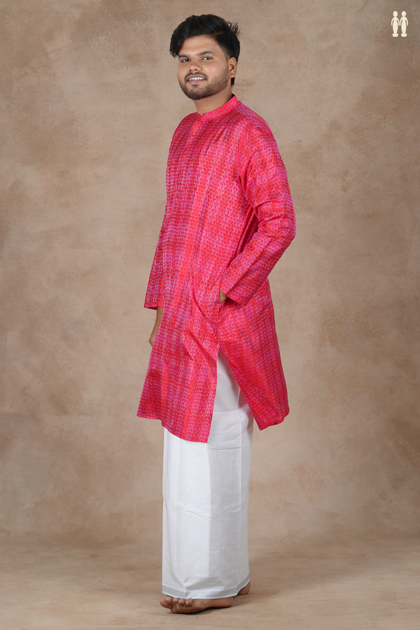 Chinese Collar Ikat Design Pink And Red Pochampally Long Kurta