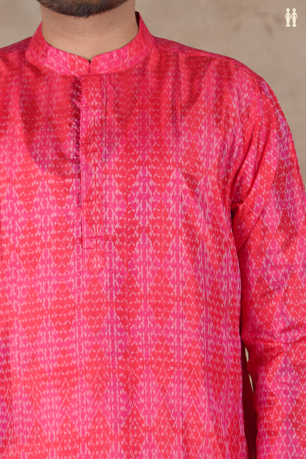 Chinese Collar Ikat Design Pink And Red Pochampally Long Kurta