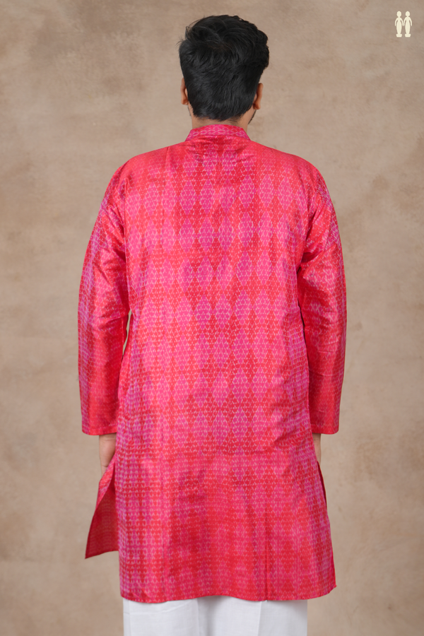 Chinese Collar Ikat Design Pink And Red Pochampally Long Kurta