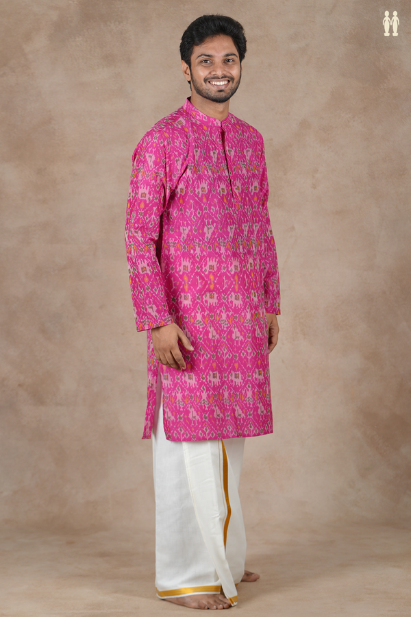Chinese Collar Ikat Design Pink Pochampally Silk Long Kurta