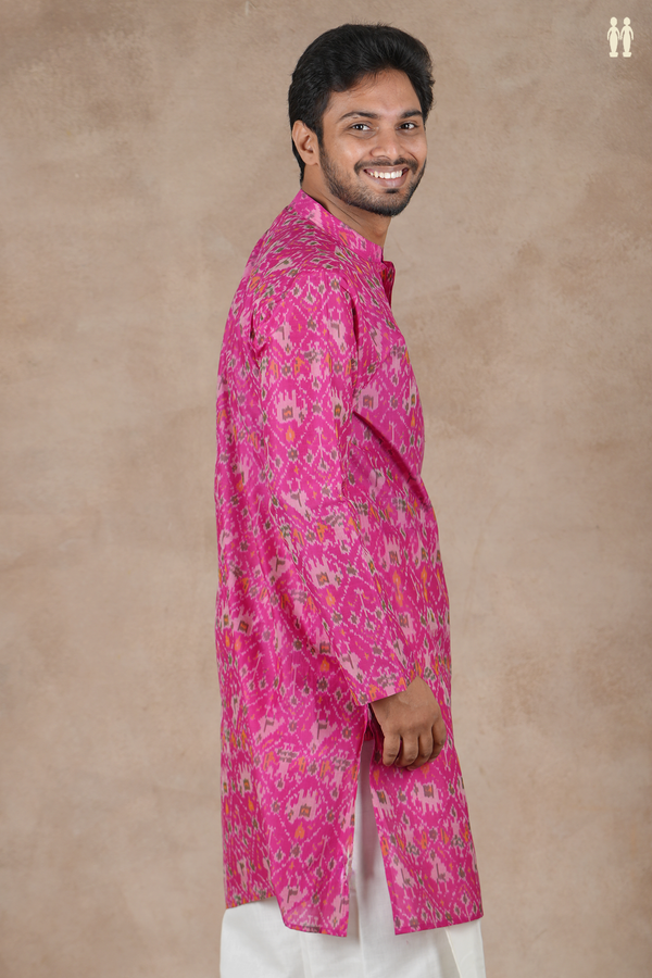 Chinese Collar Ikat Design Pink Pochampally Silk Long Kurta