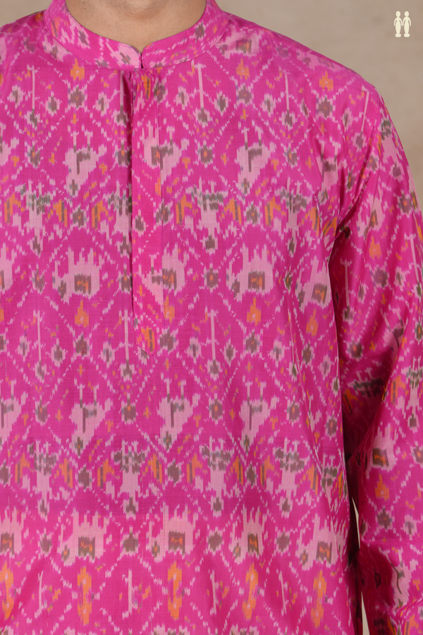 Chinese Collar Ikat Design Pink Pochampally Silk Long Kurta