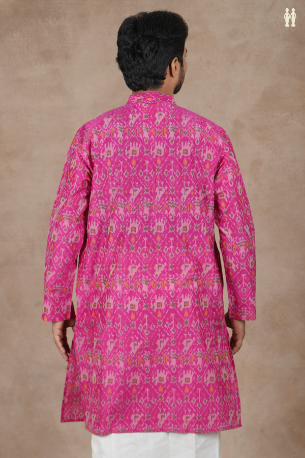 Chinese Collar Ikat Design Pink Pochampally Silk Long Kurta