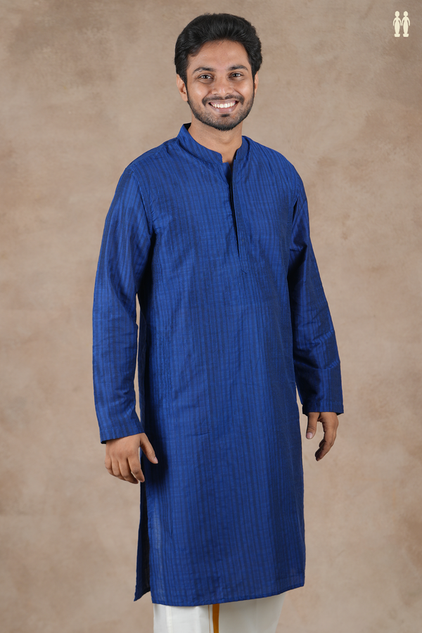 Chinese Collar Stripes Design Royal Blue Cotton Long Kurta