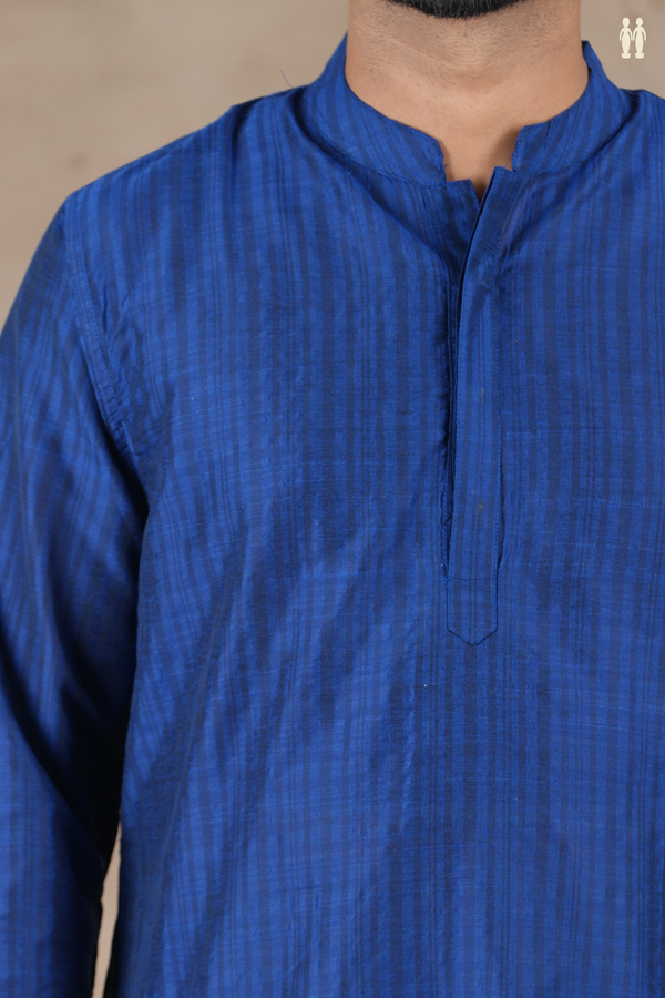Chinese Collar Stripes Design Royal Blue Cotton Long Kurta